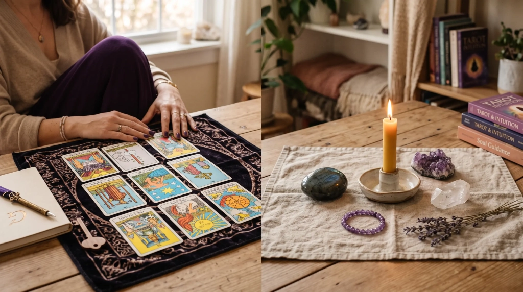 Différence entre voyant et médium illustrée par des cartes et une bougie