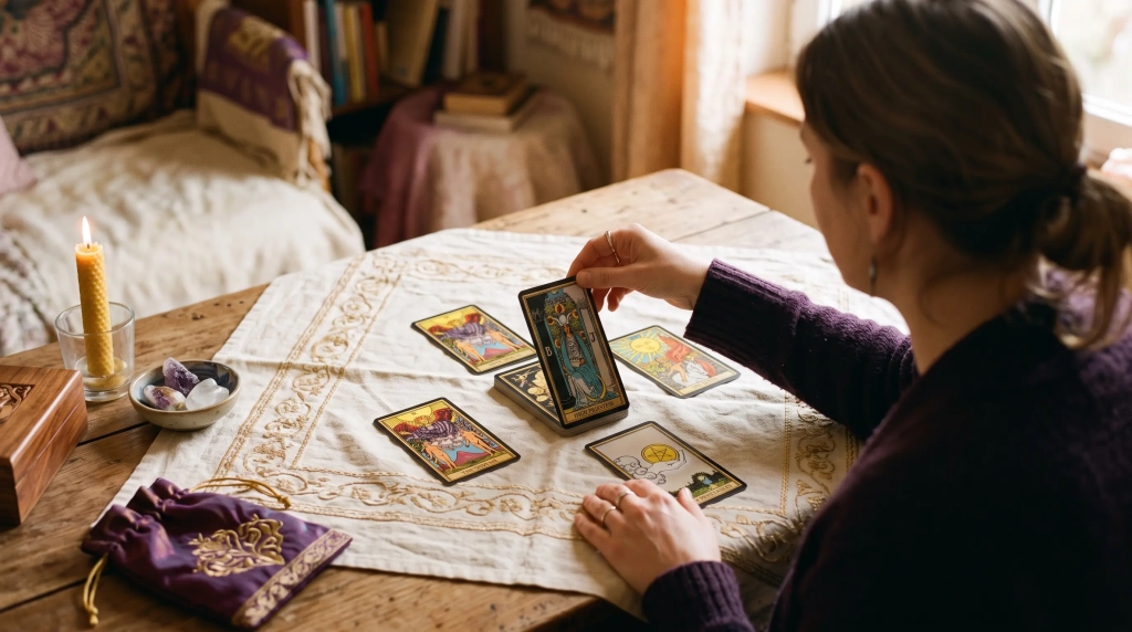Tirage de cartes en croix sur une nappe lors d’une séance de cartomancie