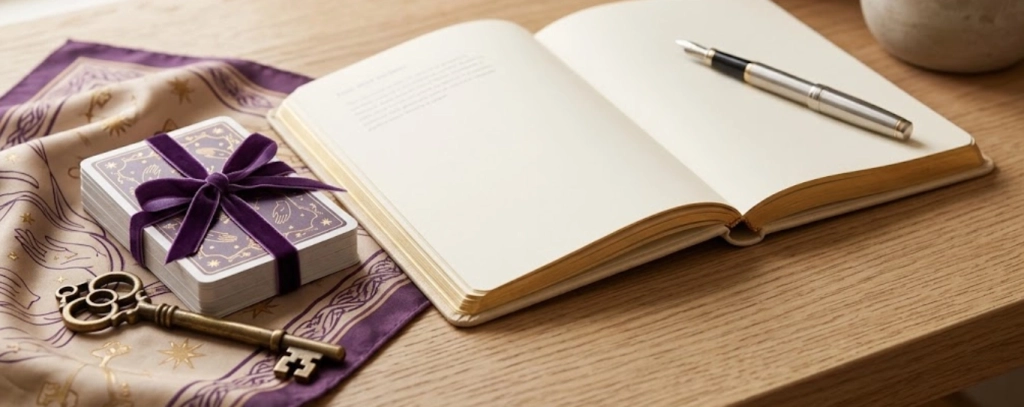Carnet ouvert et cartes posées, symbole de l’éthique d’une voyante sérieuse